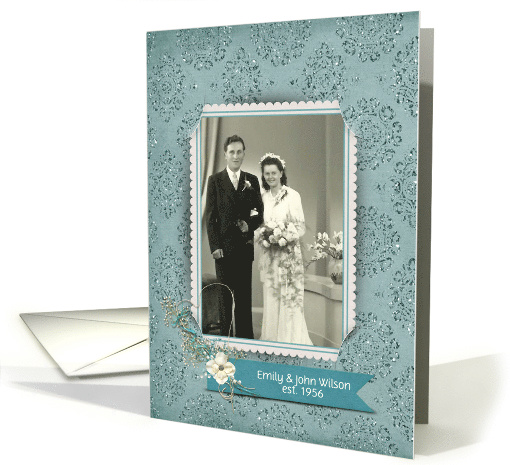 Vow Renewal invitation-photo card with teal damask background card