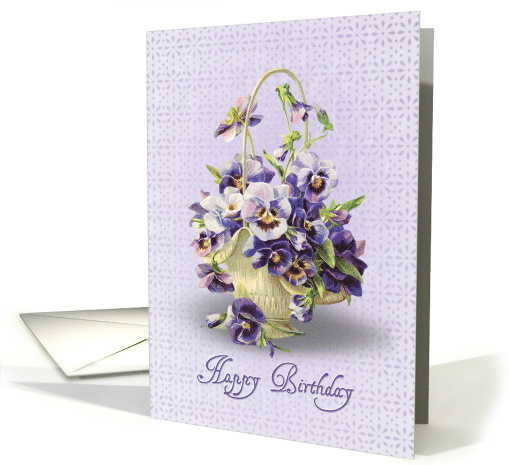 Birthday pansy bouquet in a basket a purple eyelet background card