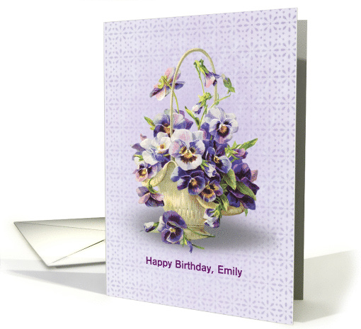 Name Specific for Birthday pansy bouquet in a basket on eyelet card