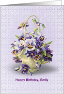 Name Specific for Birthday pansy bouquet in a basket on eyelet card