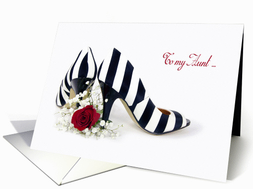 Maid of Honor request for Aunt-striped pumps with red rose card