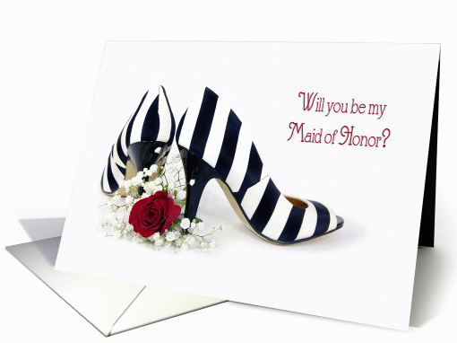 general Maid of Honor request-striped pumps with red rose card