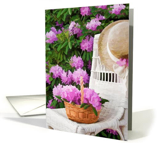 Happy Birthday-rhododendron basket on chair with hat card (1250672)