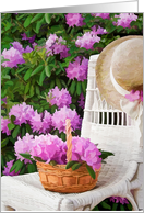 Get Well Soon-rhododendron basket on chair with hat card