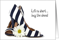 Birthday for Sister. black and white striped pumps with daisy card