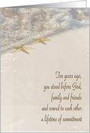 10th Wedding Anniversary for couple, starfish in ocean surf card