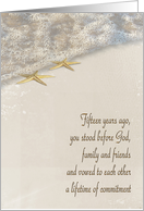 15th Wedding Anniversary for couple, starfish in ocean surf and sand card