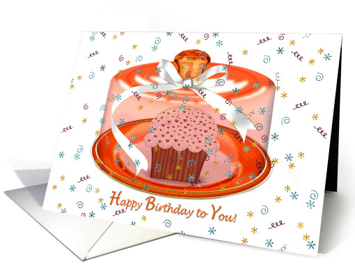 General Birthday-cupcake with hearts on cake plate with dome card