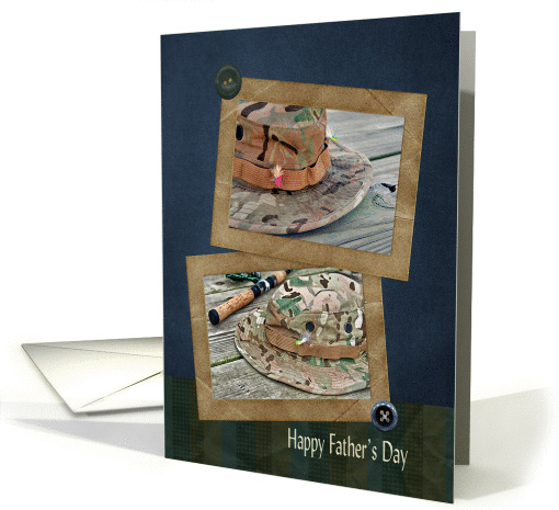 For Dad on Father's Day-fishing hats with flies in vintage frames card