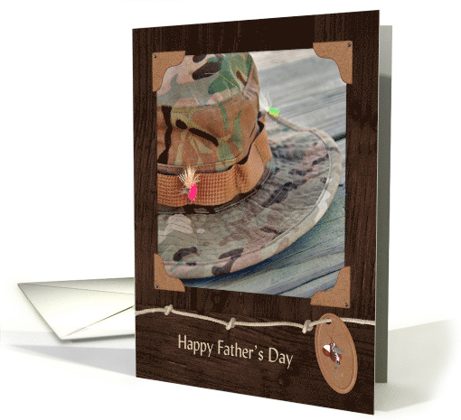 Father's Day for Son, fishing hat with fly in vintage frame card