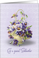 Godmother’s Birthday-pansy basket on pastel purple eyelet background card