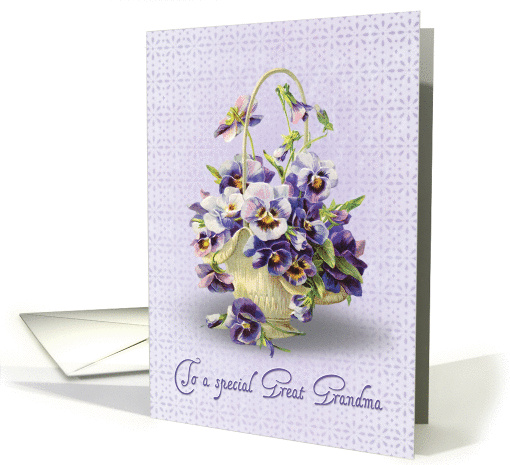 Great Grandma's Birthday-pansy basket on purple eyelet background card