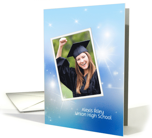 Graduation photo card invitation with sparkling bokeh background card