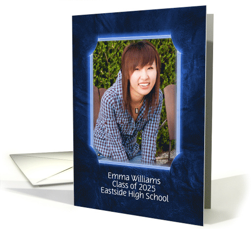 Graduation 2025 Invitation Photo Card, Neon Frame on Blue Leather card