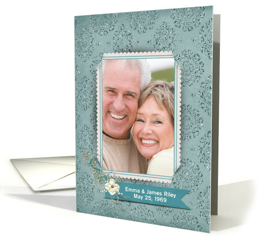 Anniversary photo card teal damask background with floral bouquet card