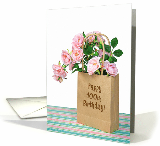 100th Birthday pink roses in generic paper bag on striped paper card