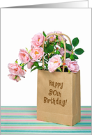 90th Birthday pink roses in generic paper bag on striped paper card