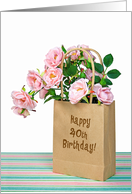 40th Birthday pink roses in generic paper bag on striped paper card