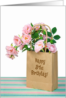 91st Birthday pink roses in generic paper bag on striped paper card