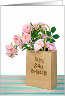 84th Birthday pink roses in generic paper bag on striped paper card