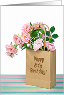 81st Birthday pink roses in generic paper bag on striped paper card