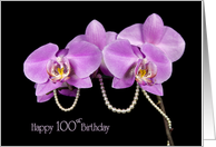 100th Birthday pink orchids with string of pearls on black card