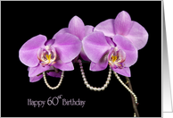 60th Birthday-pink orchids with string of pearls on black card