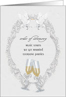Wedding Invitation-white doves and champagne flutes on elegant frame. card
