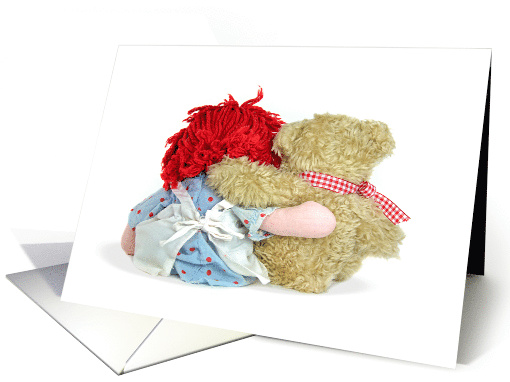 encouragement, rag doll and teddy bear hugging isolated on white card