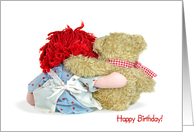 Birthday-old rag doll and teddy bear hugging card
