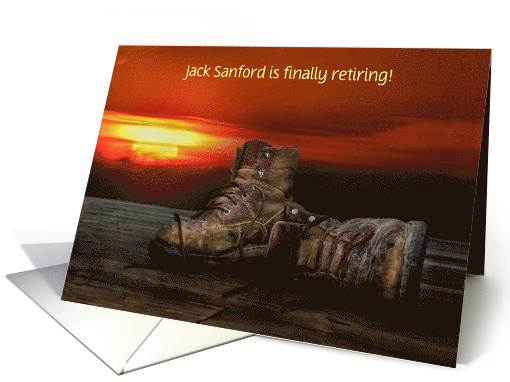 Retirement party invitation-work boots on wood with sunset card