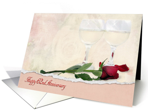 62nd Anniversary for Couple with red rose and wine glasses card