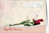 64th Anniversary for Couple with red rose and wine glasses card