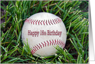 16th Birthday close up of a used baseball in grass card