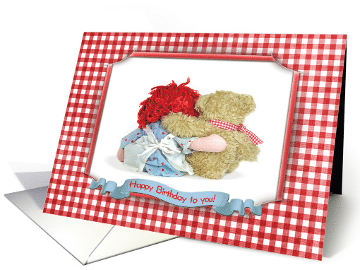 Birthday rag doll hugging teddy bear with gingham frame card (1290448)