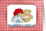 Aunt’s Birthday-rag doll hugging a teddy bear with checkered frame card