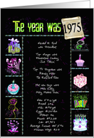 Birthday Party Invitation 1975 fun trivia facts on black with confetti card