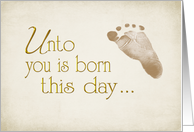 Christmas religious, baby footprint on a soft textured-like background card