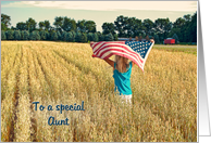 Thank You to Aunt on Veterans Day girl with flag in wheat field card