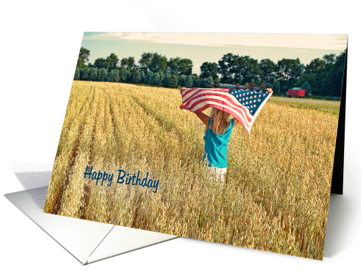 4th of July Birthday-girl with flag in wheat field card (1295636)