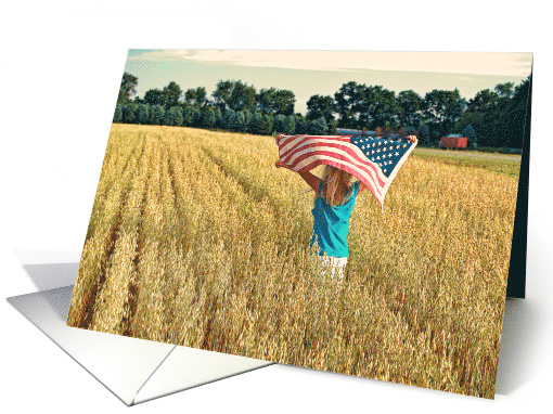 Memorial Day young girl in wheat field with American flag card