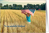 Thank You to Husband on Veterans Day-girl with flag in wheat field card