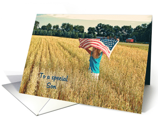 Thank You to Son on Veterans Day girl with flag in wheat field card