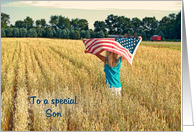 Thank You to Son on Veterans Day girl with flag in wheat field card