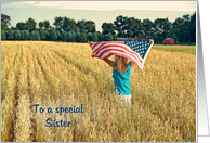 Thank You to Sister On Veterans Day, Girl With American Flag in Field card