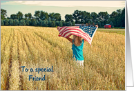Thank You to Friend on Veterans Day-girl with flag in field card