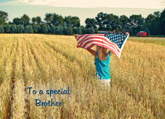 Thank You to Brother on Veterans Day-girl with flag in wheat field