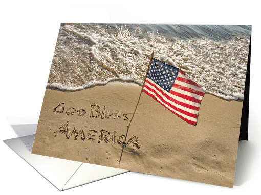 4th of July American flag on the seashore with God Bless America card