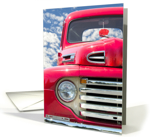 Dad's Birthday-retro red truck with red fuzzy dice and summer sky card
