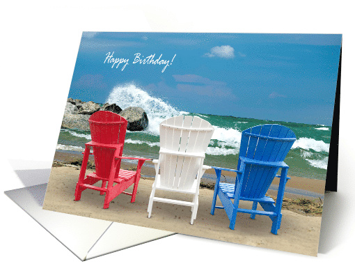 Friend's Birthday, Adirondack chairs on beach with crashing wave card